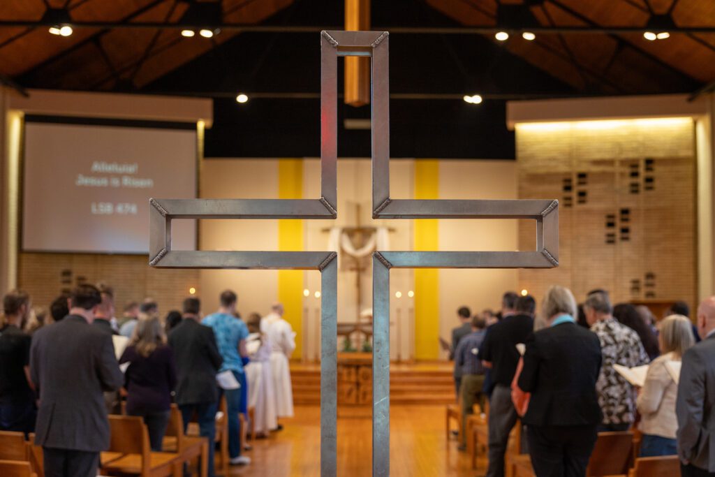 Close up of a metal Cross in a church