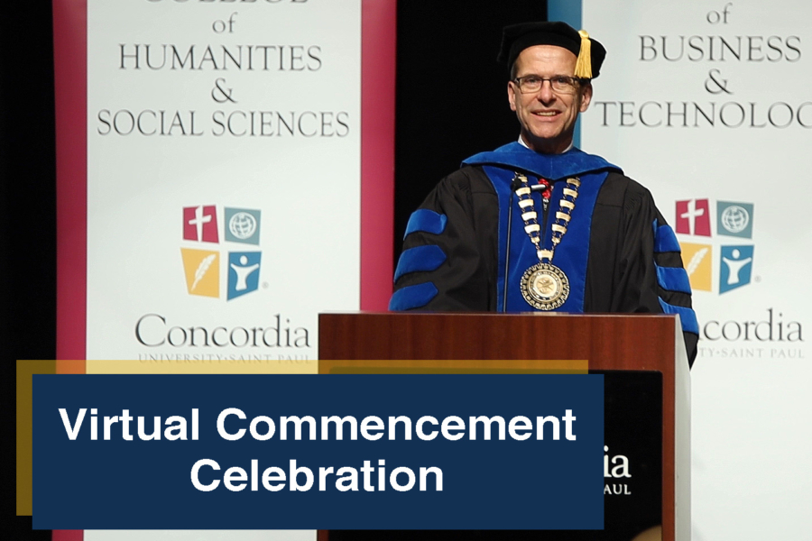 President Friedrich stands at podium during virtual commencement celebration