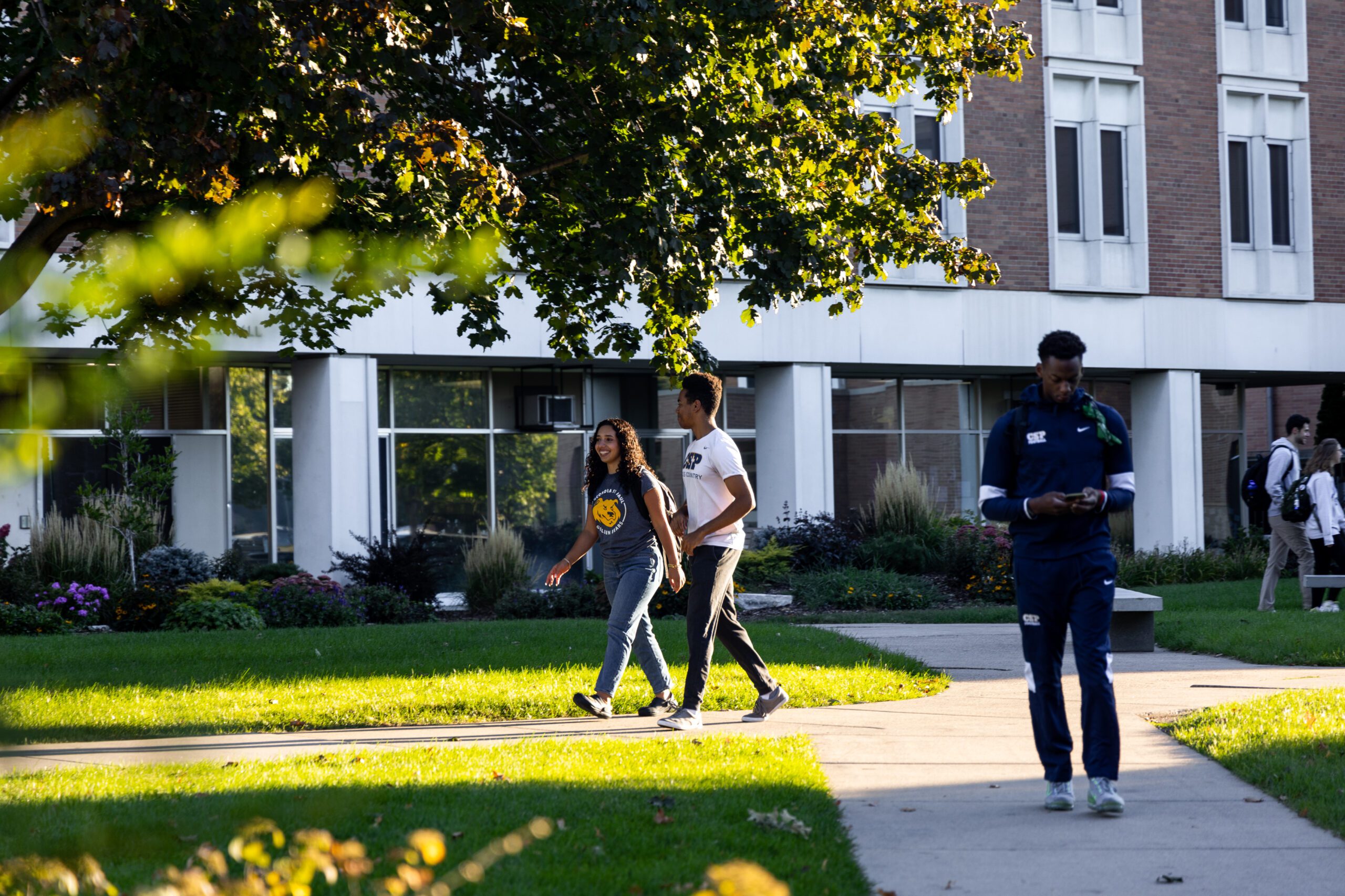 3 students walking through a grassy area of campus under a tree and in front of an academic building