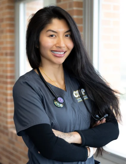 Staged nursing student in a photoshoot.