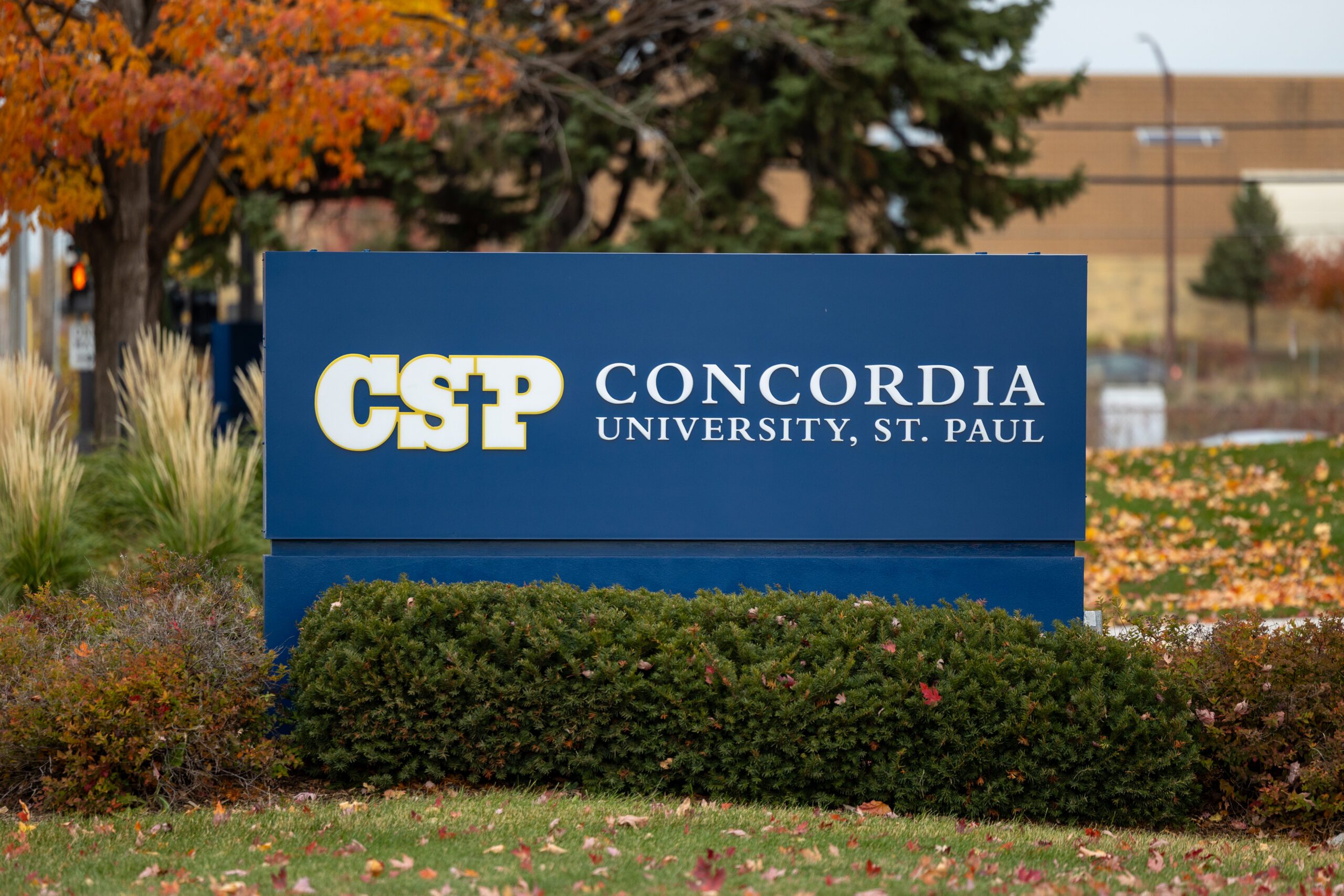 Blue CSP sign with trees and bushes